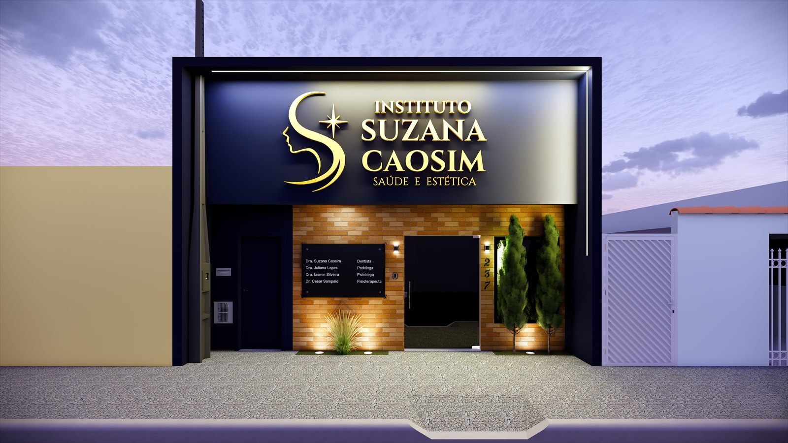 Render 3D da nova fachada do Instituto Suzana Caosim, com letreiro dourado e revestimento em tijolo