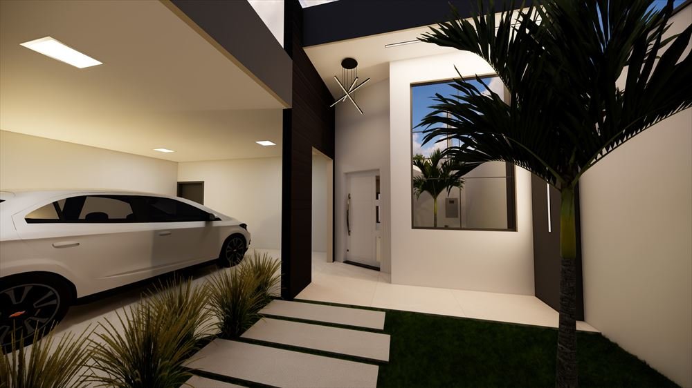 Render 3D do acesso social da casa, com garagem coberta, porta pivotante e palmeira