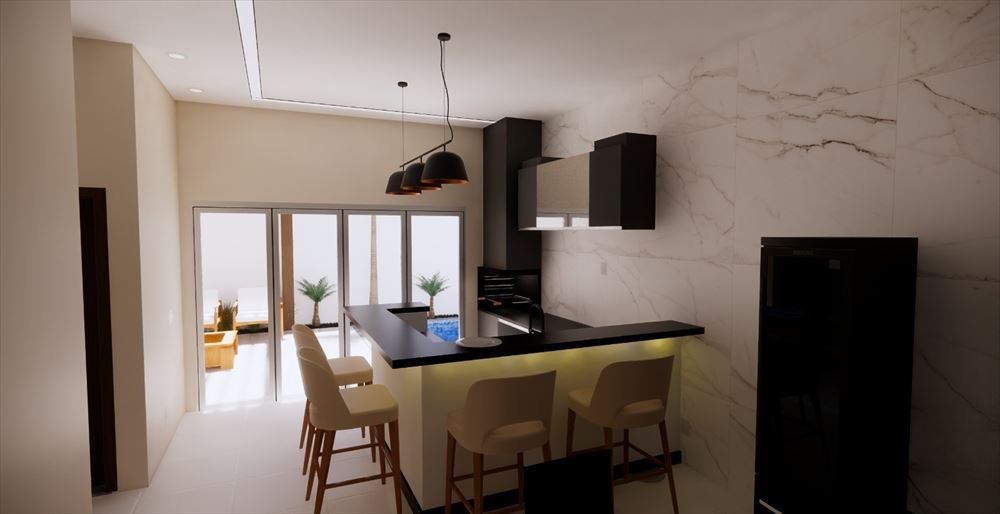 Render 3D de área gourmet com bancada preta, banquetas, pendentes e vista para a piscina