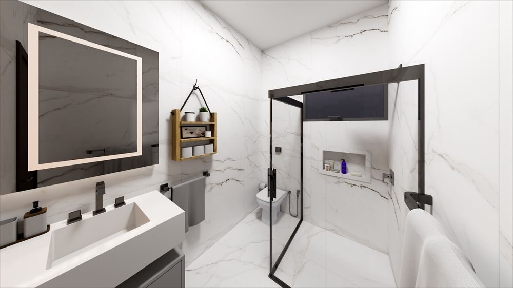 Render 3D de banheiro com revestimento marmorizado, box com perfil preto e espelho iluminado