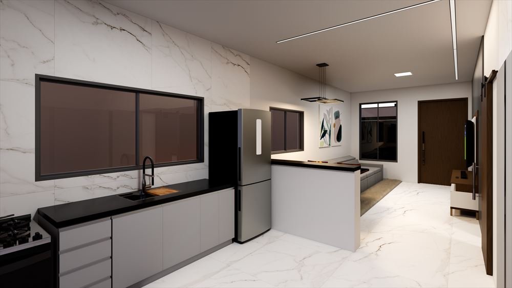 Render 3D de cozinha com bancada preta, porcelanato marmorizado e balcão integrado à sala