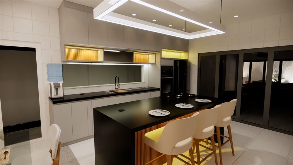 Render 3D de cozinha com ilha, marcenaria ripada e nichos com iluminação amarela