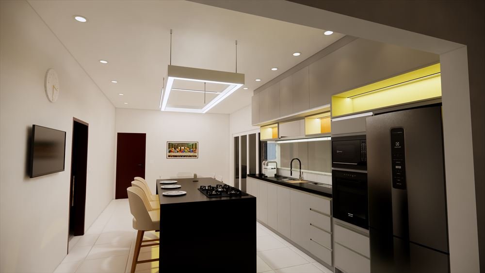 Render 3D de cozinha com ilha preta, cooktop, banquetas e luminária retangular pendente