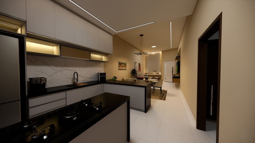 Render 3D de cozinha em L integrada à sala, com perfis de LED no forro
