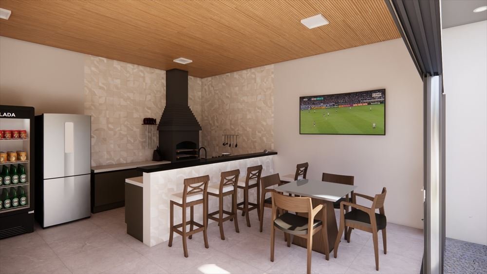 Render 3D de espaço gourmet com churrasqueira, forro de madeira, bancada e mesa de jantar