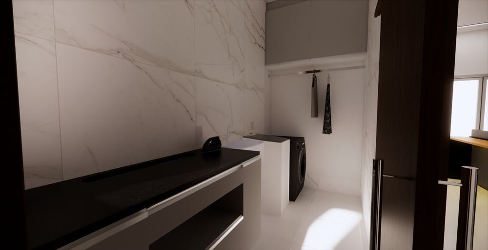 Render 3D de lavanderia com bancada preta, revestimento marmorizado e máquina de lavar