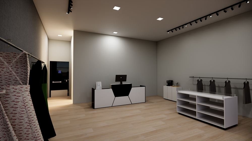 Render 3D de loja de roupas com balcão de atendimento, trilhos de luz e piso de madeira