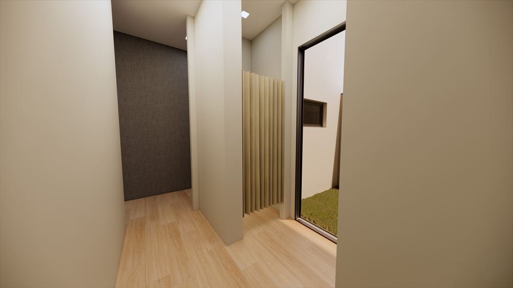 Render 3D de corredor de provadores com piso de madeira e porta para jardim