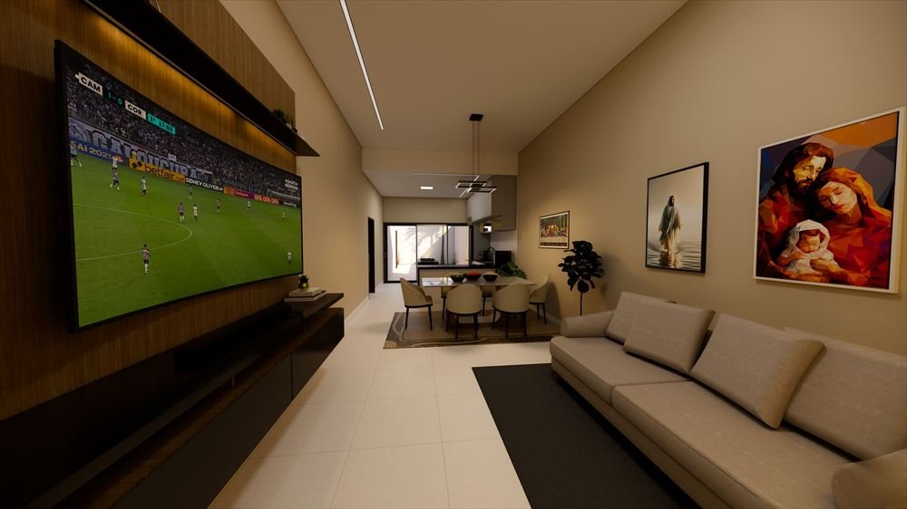 Render 3D de sala de estar integrada à sala de jantar, com painel de TV em madeira