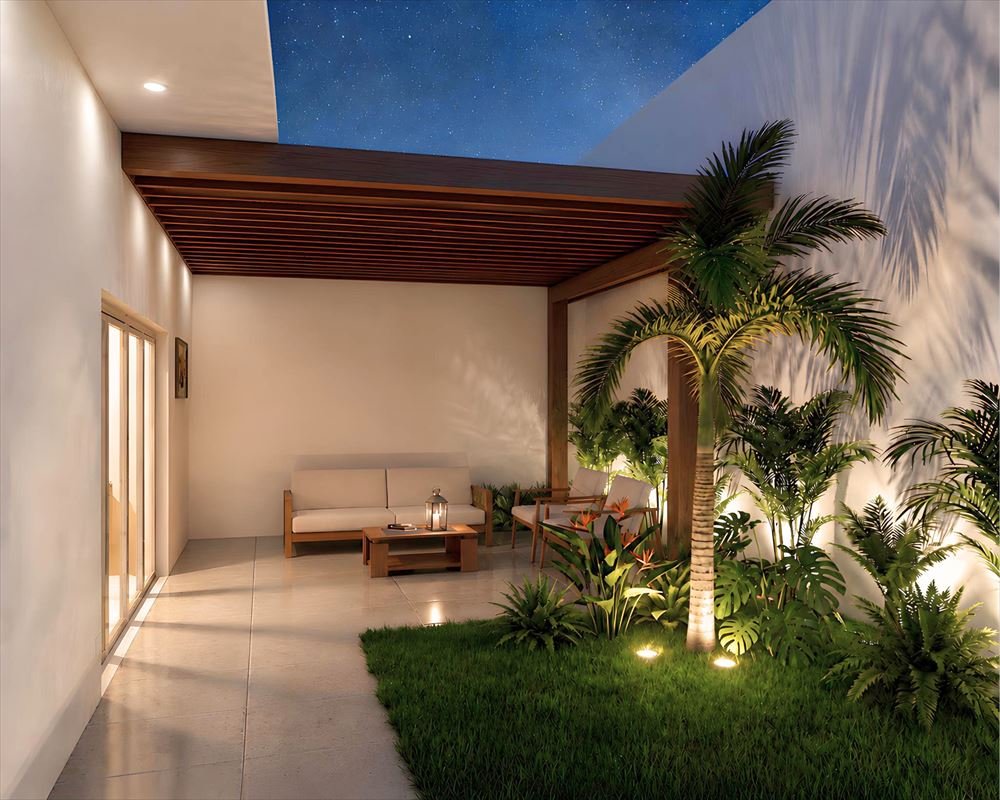 Render 3D noturno de varanda com pergolado de madeira, sofá e jardim tropical iluminado