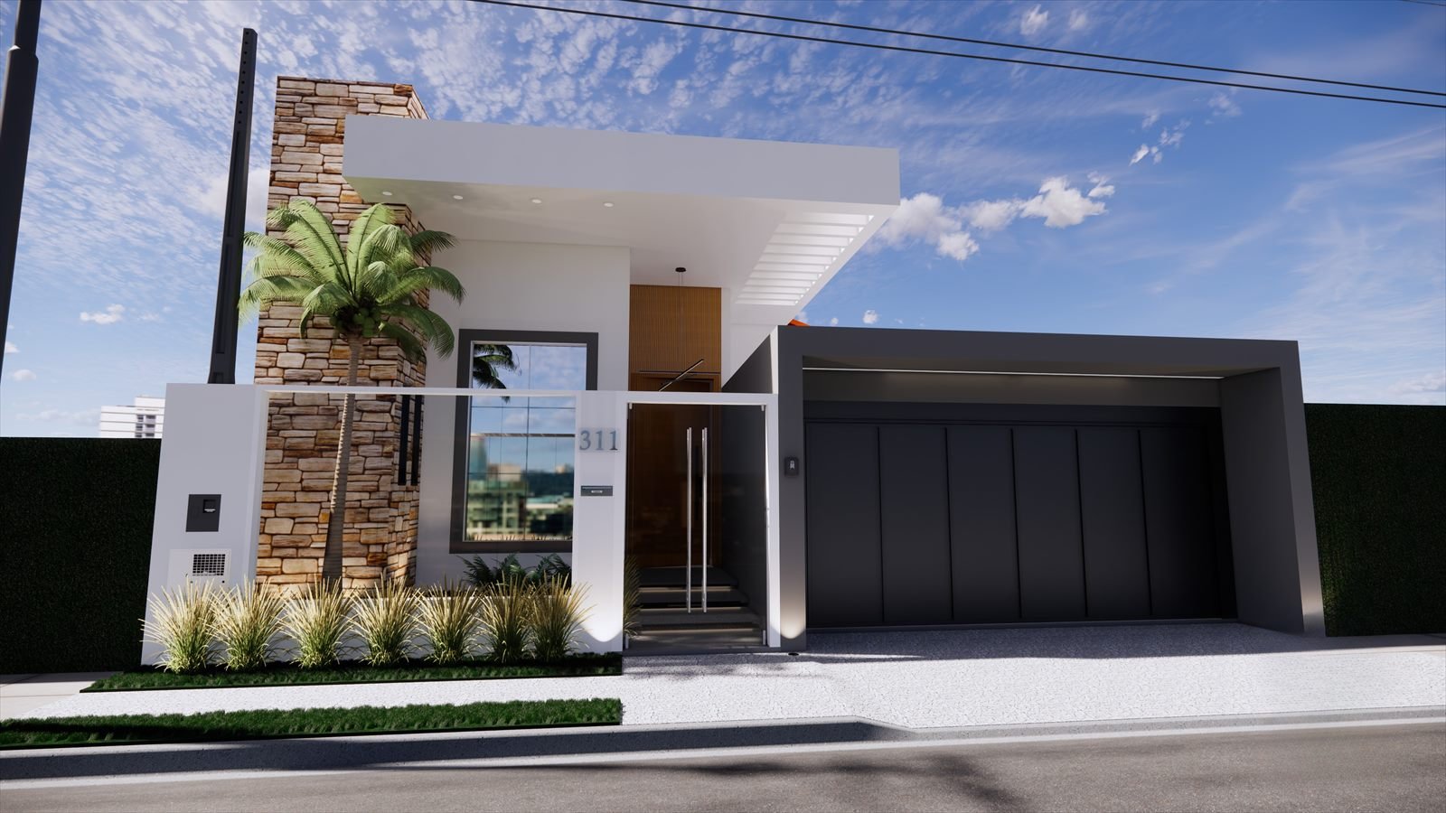 Render 3D de fachada residencial moderna com revestimento em pedra, palmeira e garagem em grafite