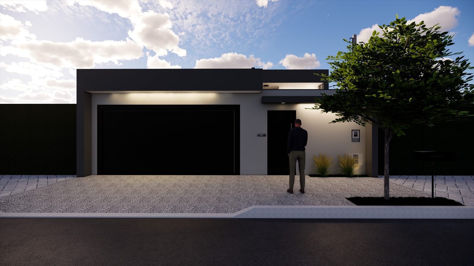 Render 3D de residência térrea em grafite com garagem, iluminação de fachada e árvore na calçada