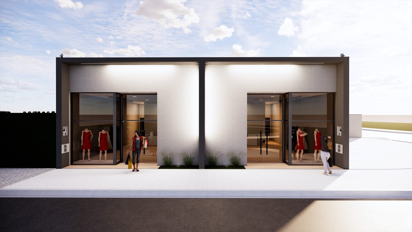 Render 3D de duas salas comerciais com vitrines de vidro e fachada iluminada
